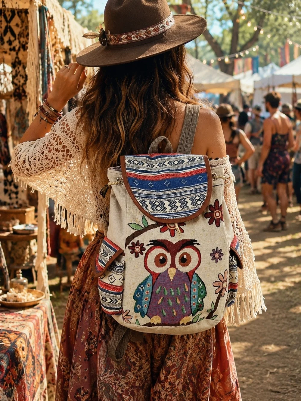 Boho Owl Canvas Backpack Tribal Print Festival Cottagecore Bookbag Travel